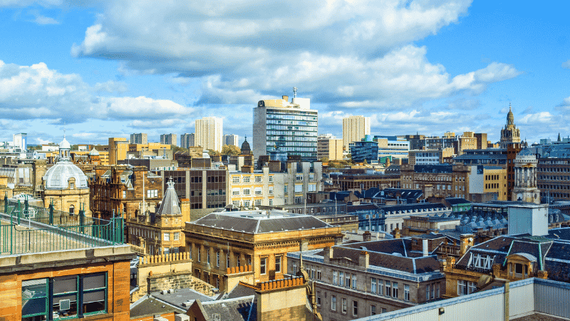 An aerial view of the city of Glasgow, the 4th best property investment hotspot in 2026.