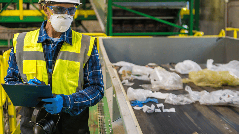 A worker in a hard hat and safety vest standing on a platform overlooking a conveyor belt carrying recyclable materials in a waste management facility.