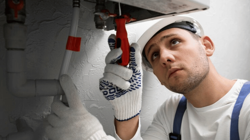 A focused plumber in a hard hat and protective gloves using a wrench to tighten a pipe fitting on a boiler system.